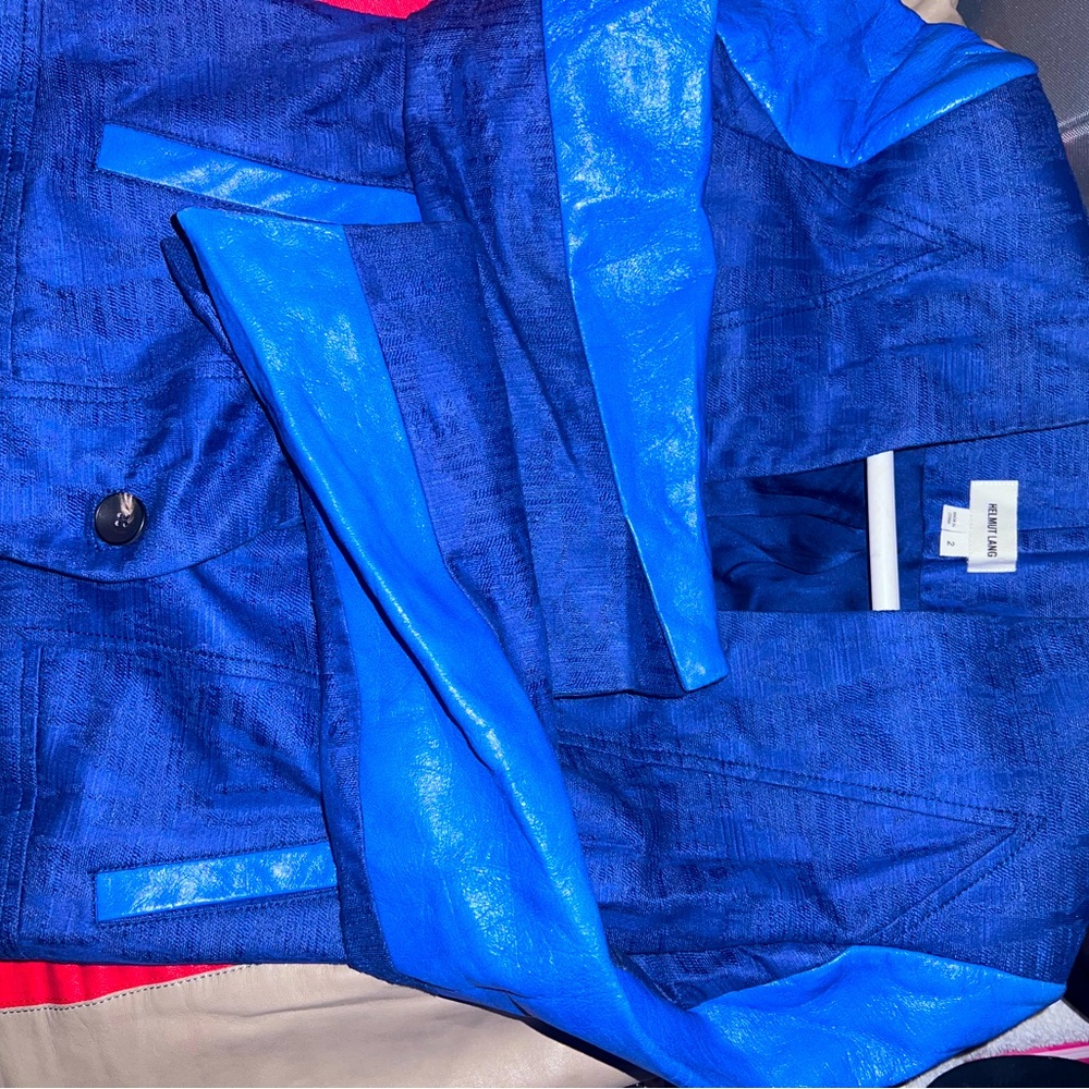 Blazer sports coat jacket deep blue cotton leather Helmut Lang, small, unique,